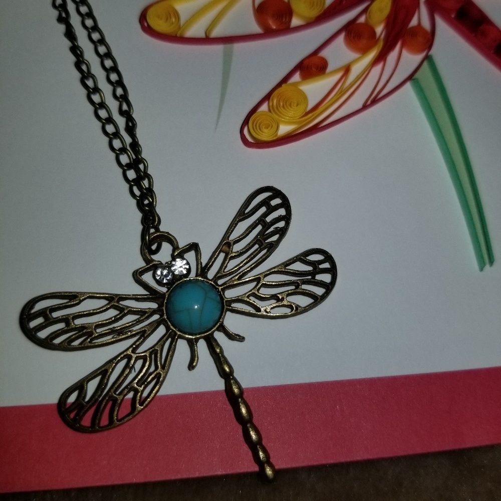26" bronze chain 1" dragonfly turquoise/crystal